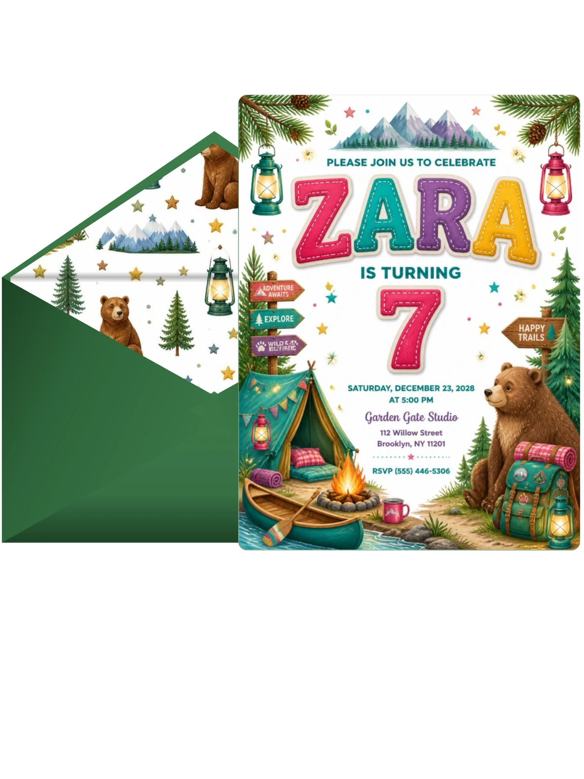Stitched Camping 7th Birthday Invitation