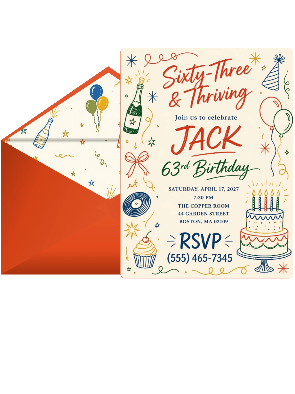 Retro Doodle 63rd Birthday Invitation