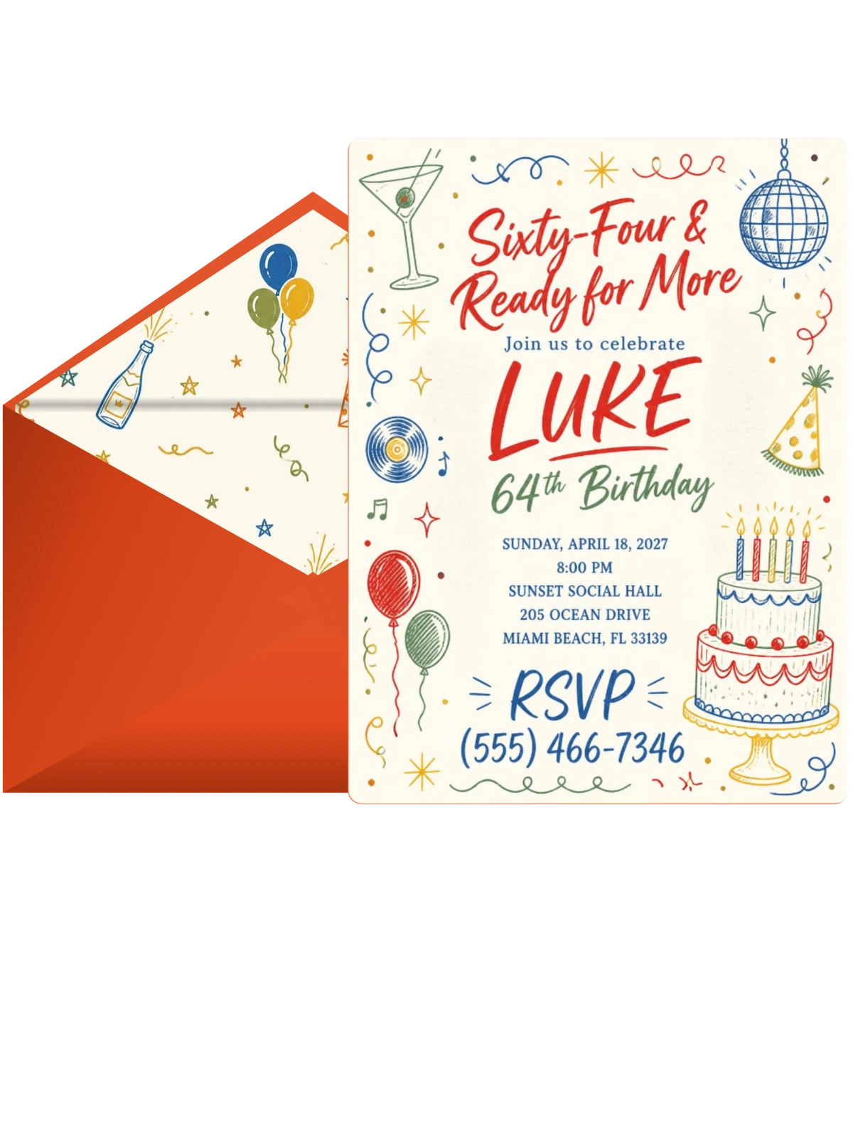 Retro Doodle 64th Birthday Invitation