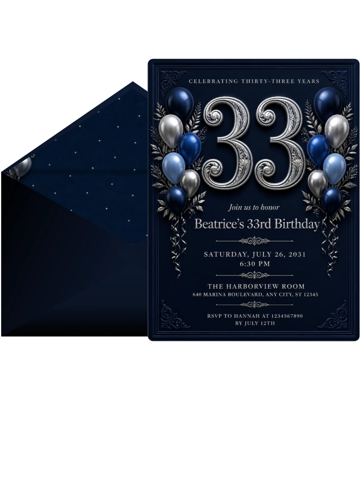 Navy and Silver 33rd Birthday Invitation
