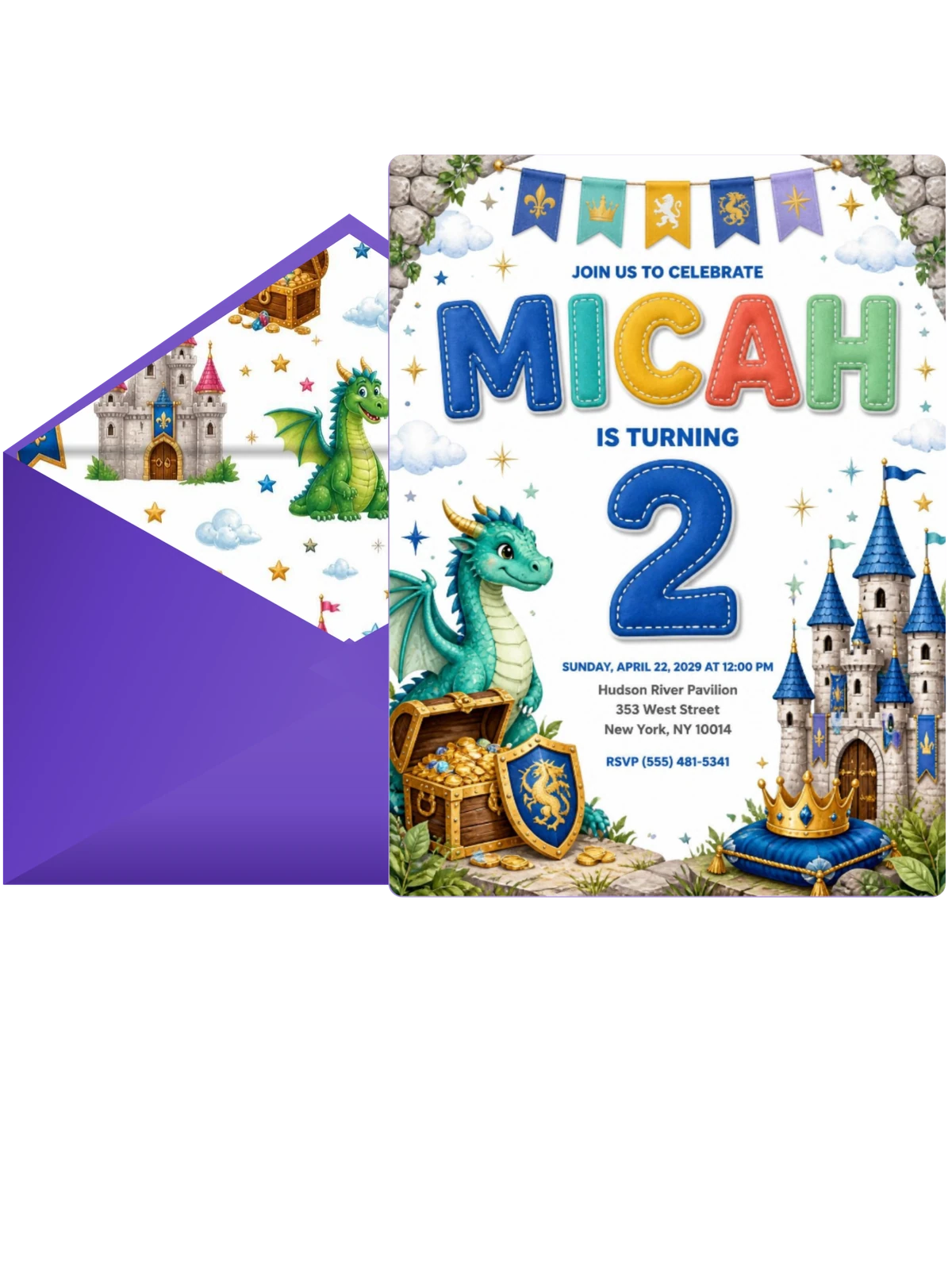 Stitched Dragon Castle 2nd Birthday Invitation