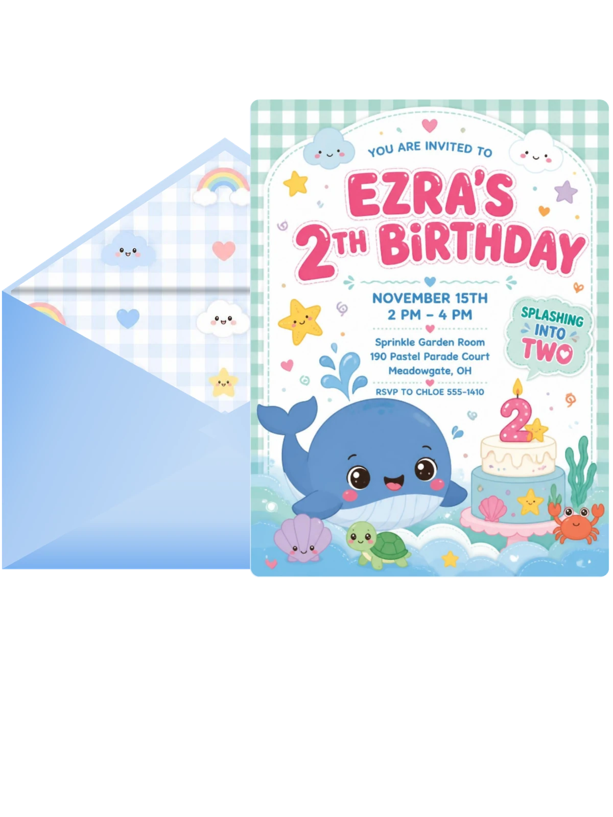 Sea Creatures Kawaii 2nd Birthday Invitation