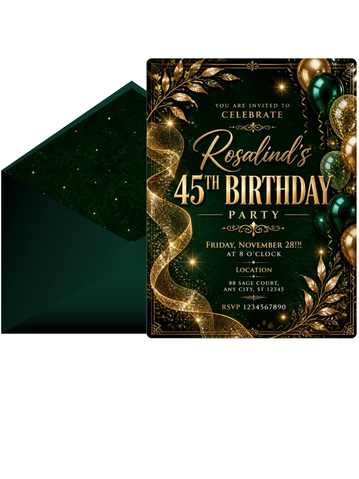 Emerald and Champagne 45th Birthday Invitation