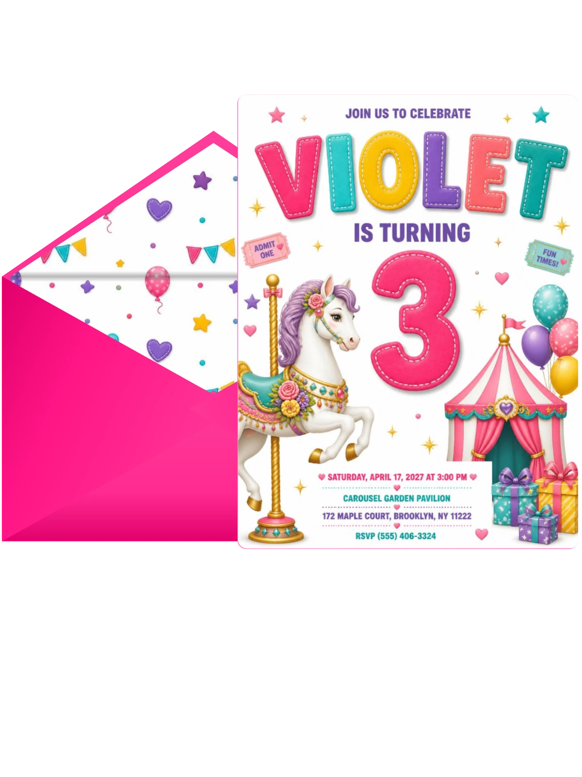 Stitched Carousel 3rd Birthday Invitation