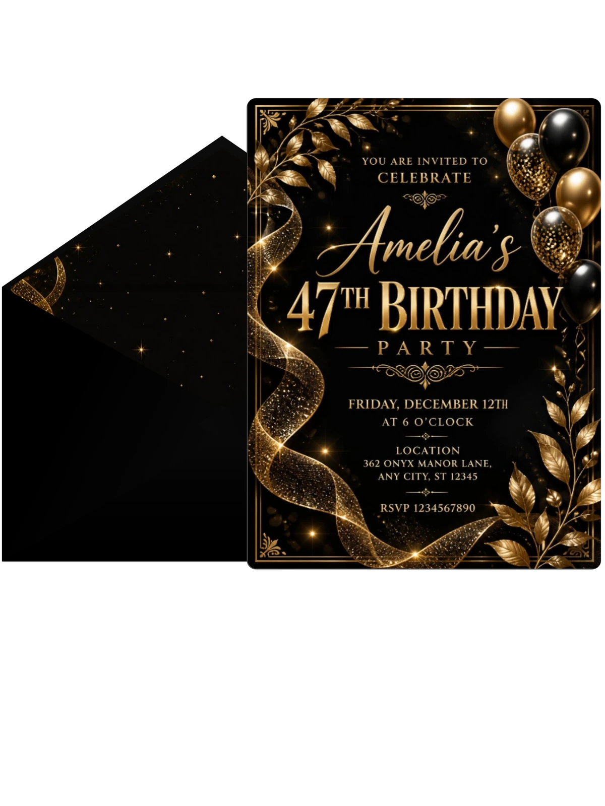 Black and Gold 47th Birthday Invitation