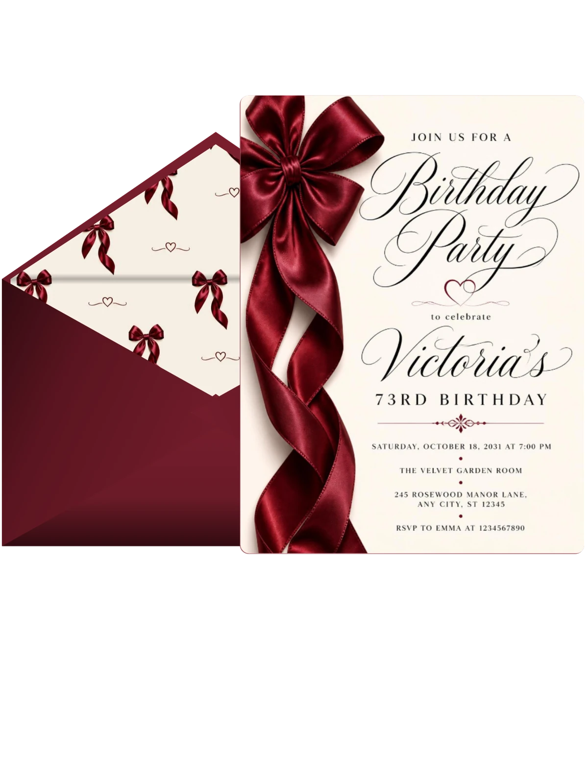 Burgundy Satin Bow 73rd Birthday Invitation
