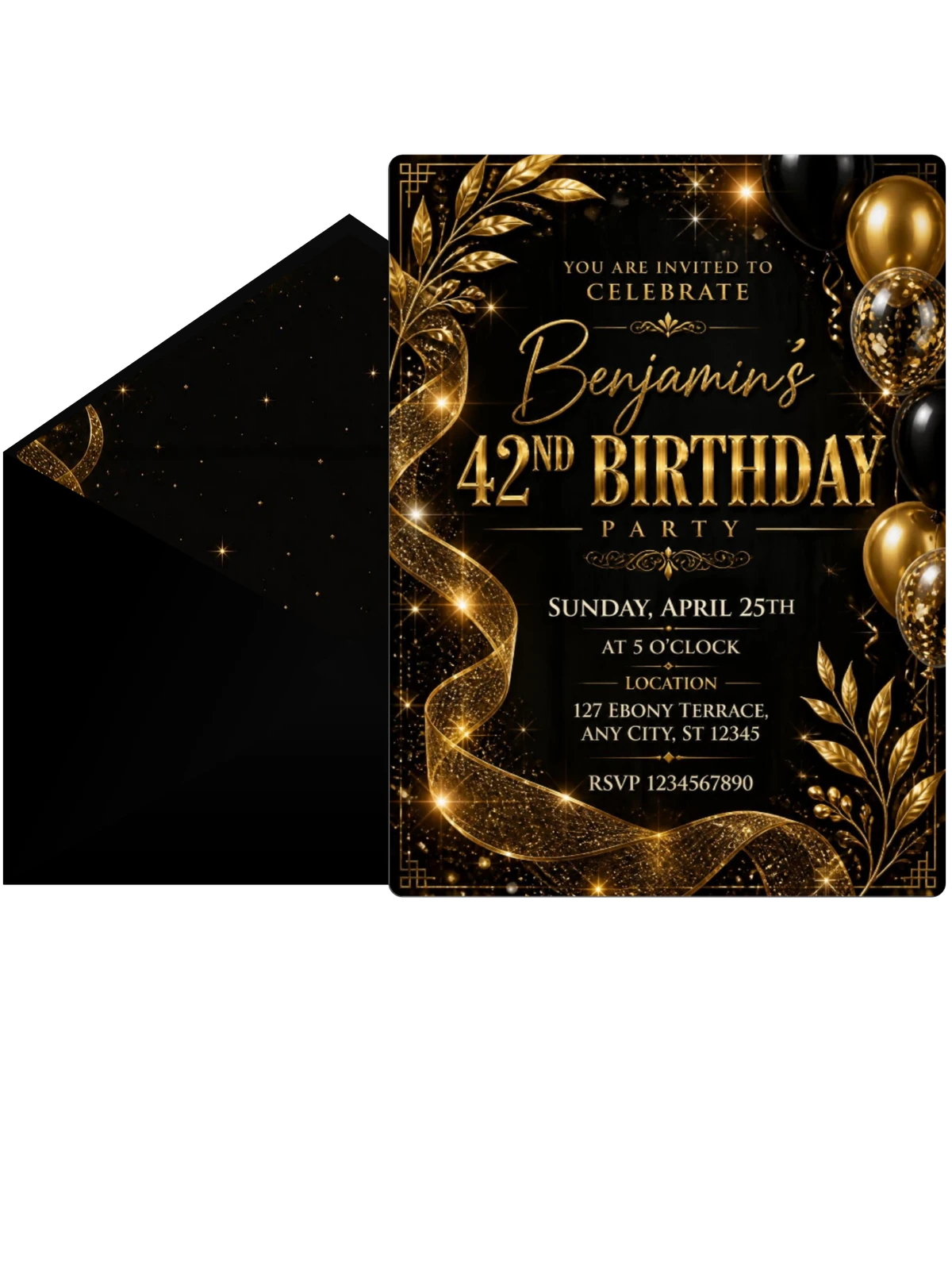 Black and Gold 42nd Birthday Invitation