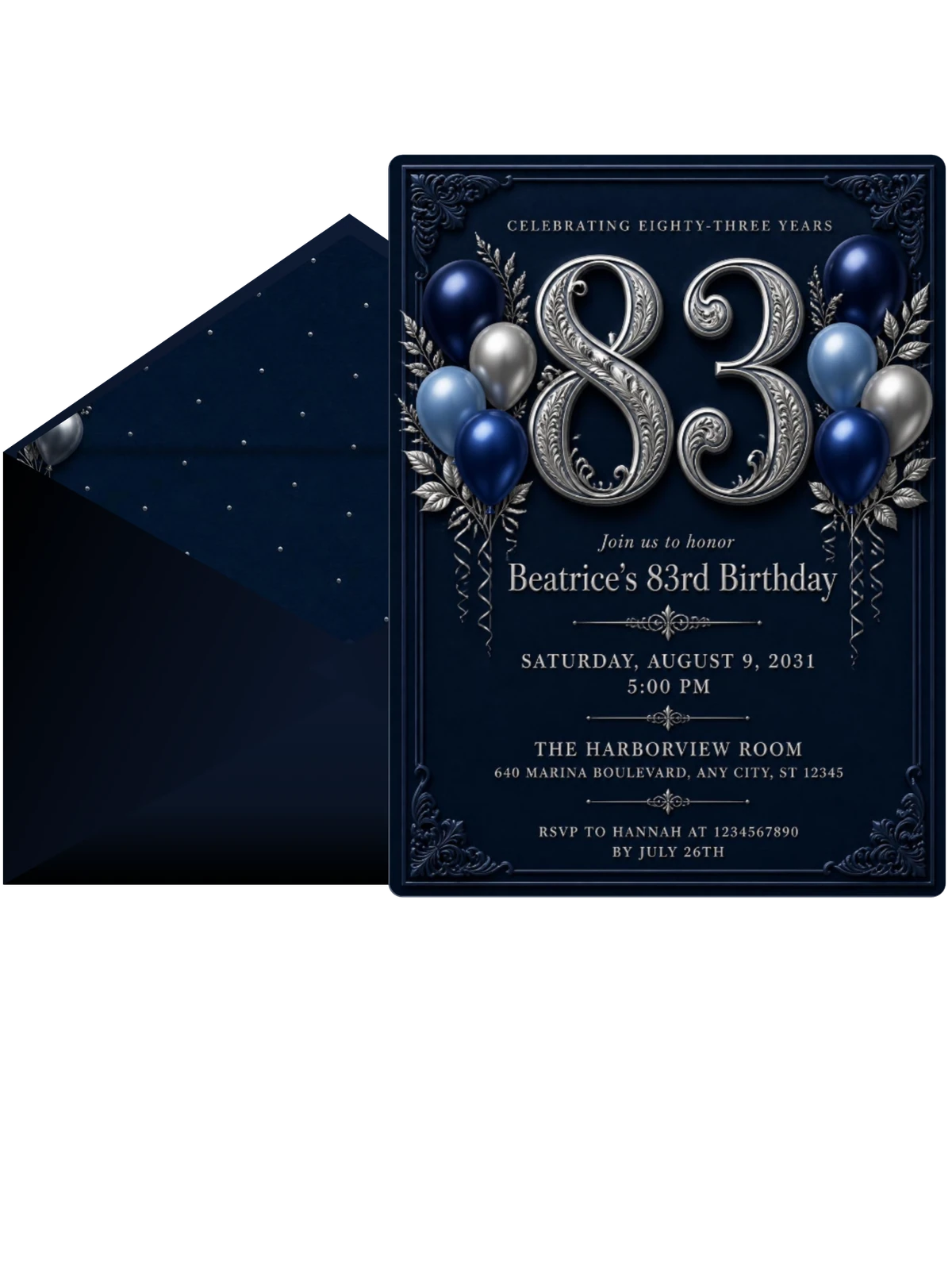 Navy and Silver 83rd Birthday Invitation