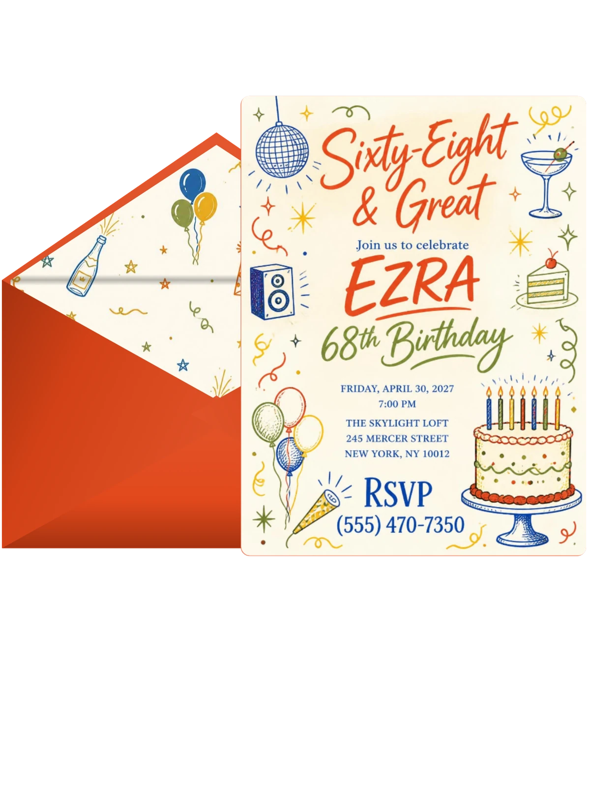 Retro Doodle 68th Birthday Invitation