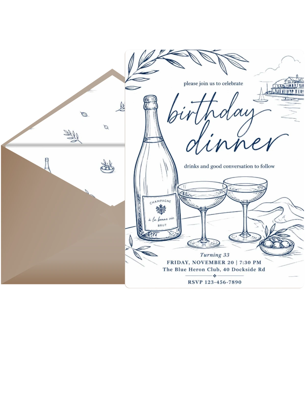 Navy Ink Champagne 33rd Birthday Dinner