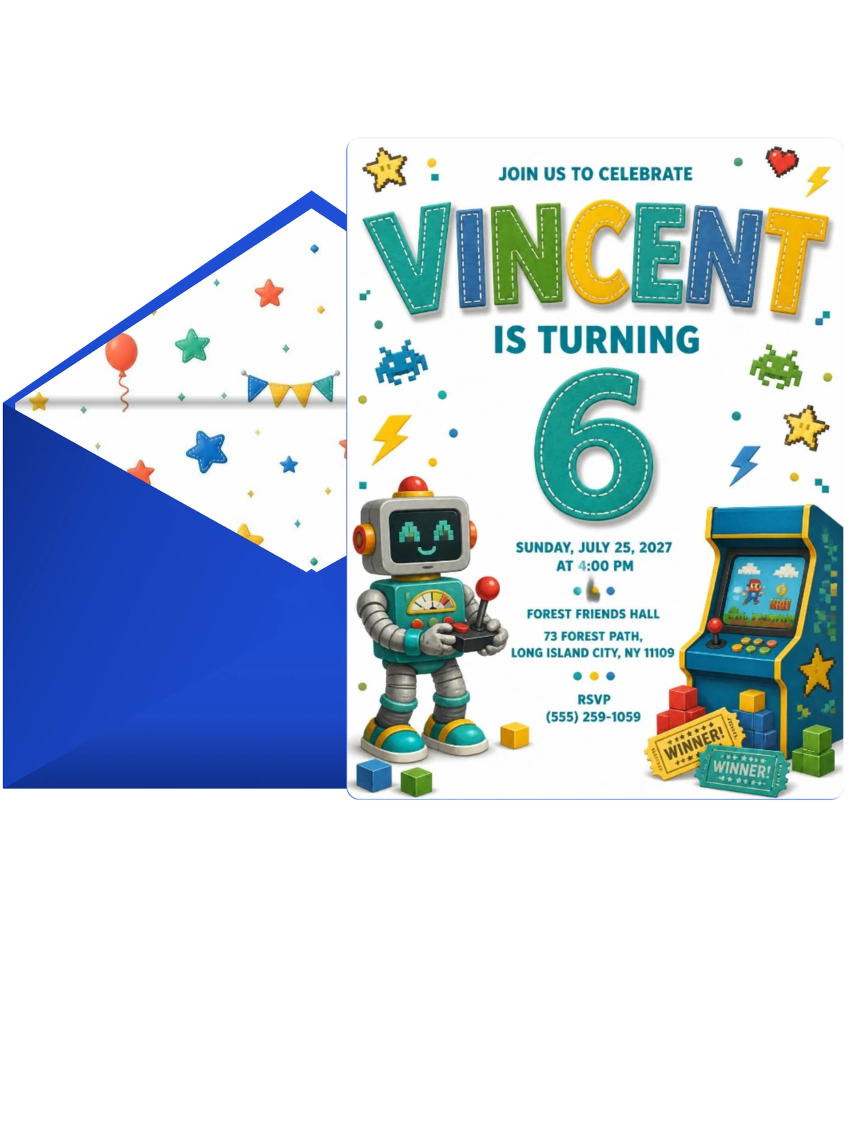 Robot Stitched 6th Birthday Invitation