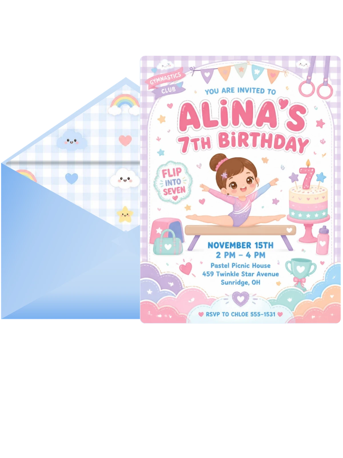 Kawaii Gymnast 7th Birthday Invitation