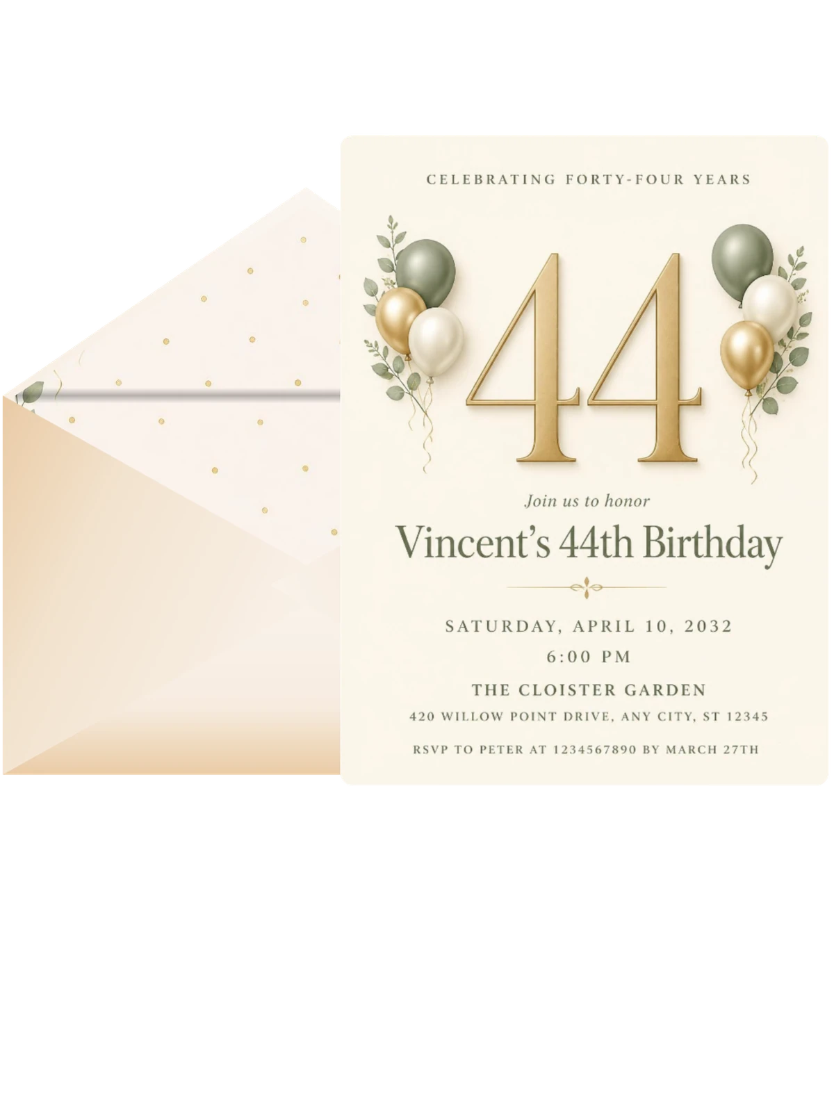 Sage and Ivory 44th Birthday Invitation