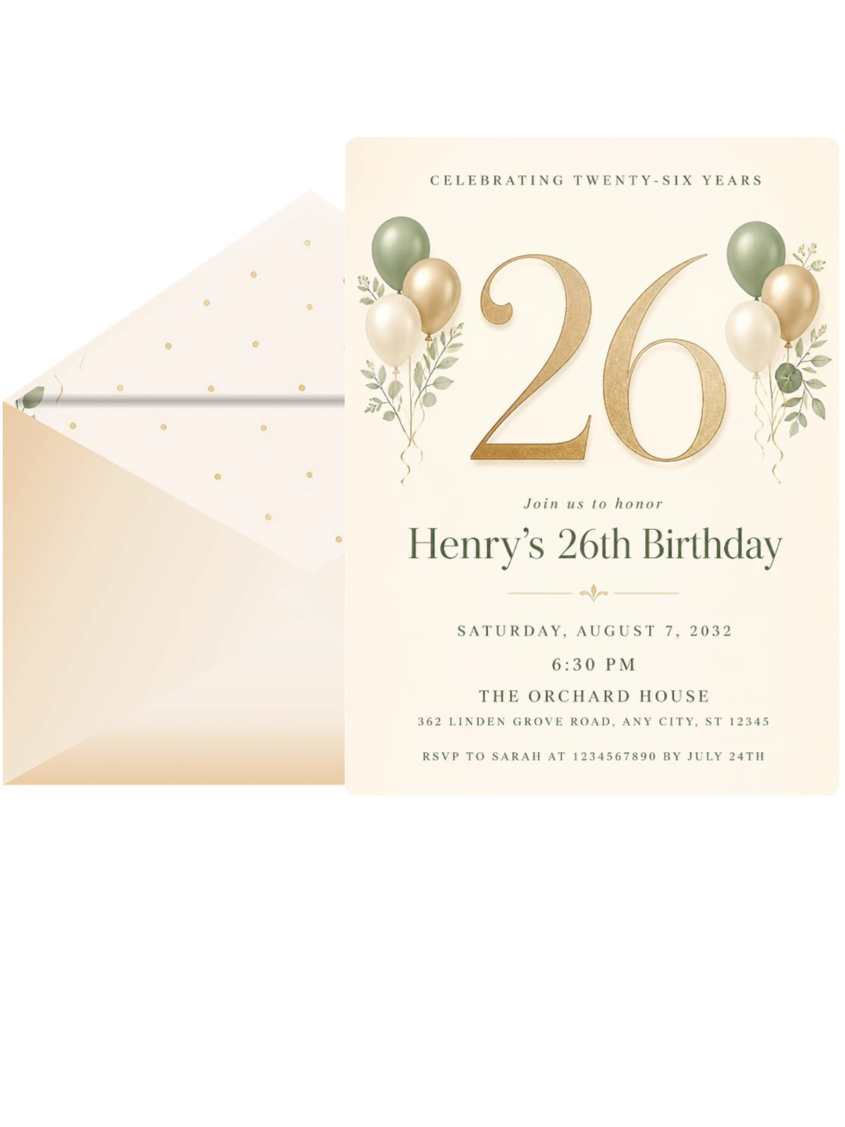 Sage and Ivory 26th Birthday Invitation
