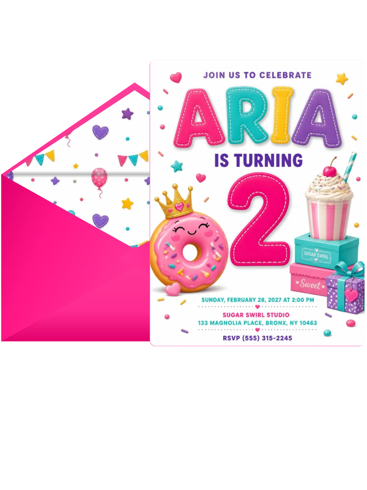 Stitched Sweet Donut 2nd Birthday Invitation