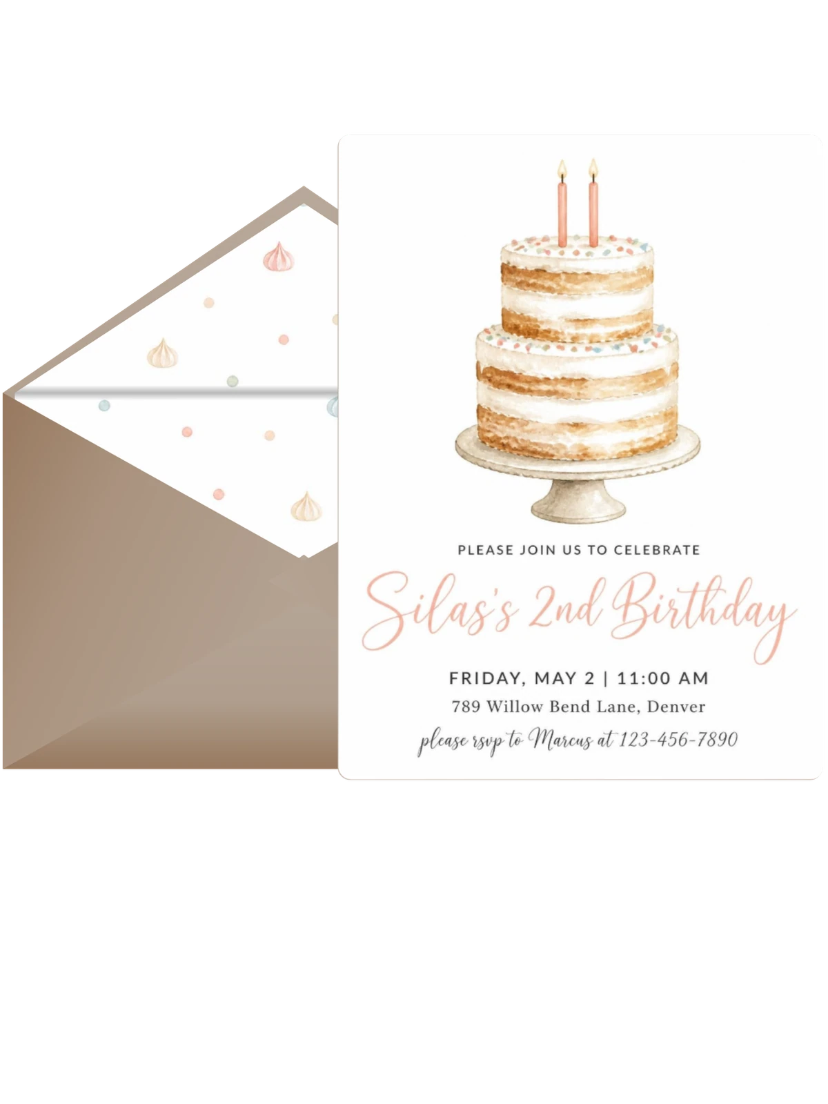 Watercolor Tiered Cake 2nd Birthday Invite
