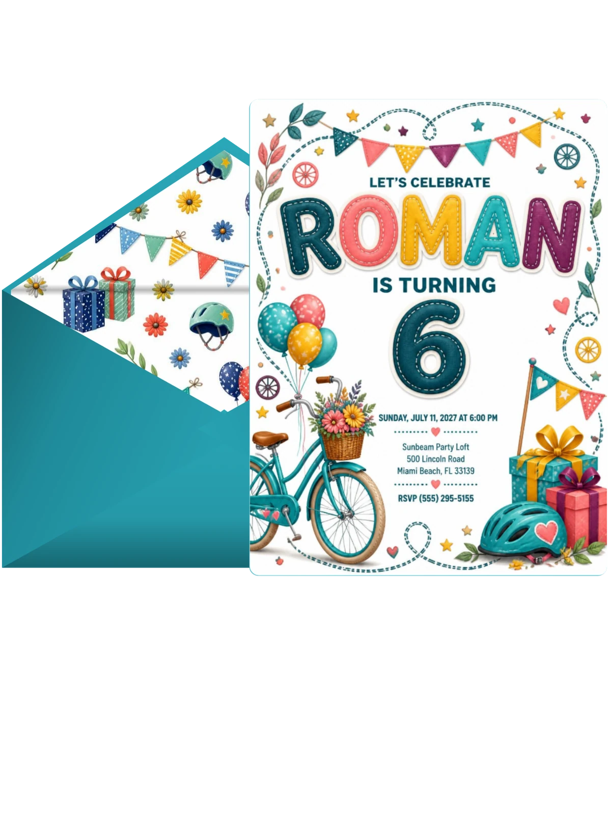 Stitched Bike Ride 6th Birthday Invitation
