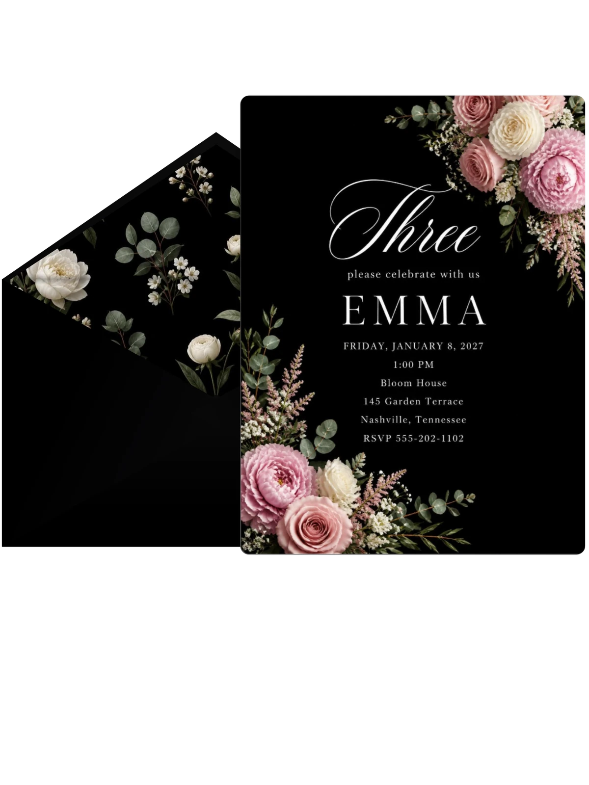 Black Floral 3rd Birthday Invitation