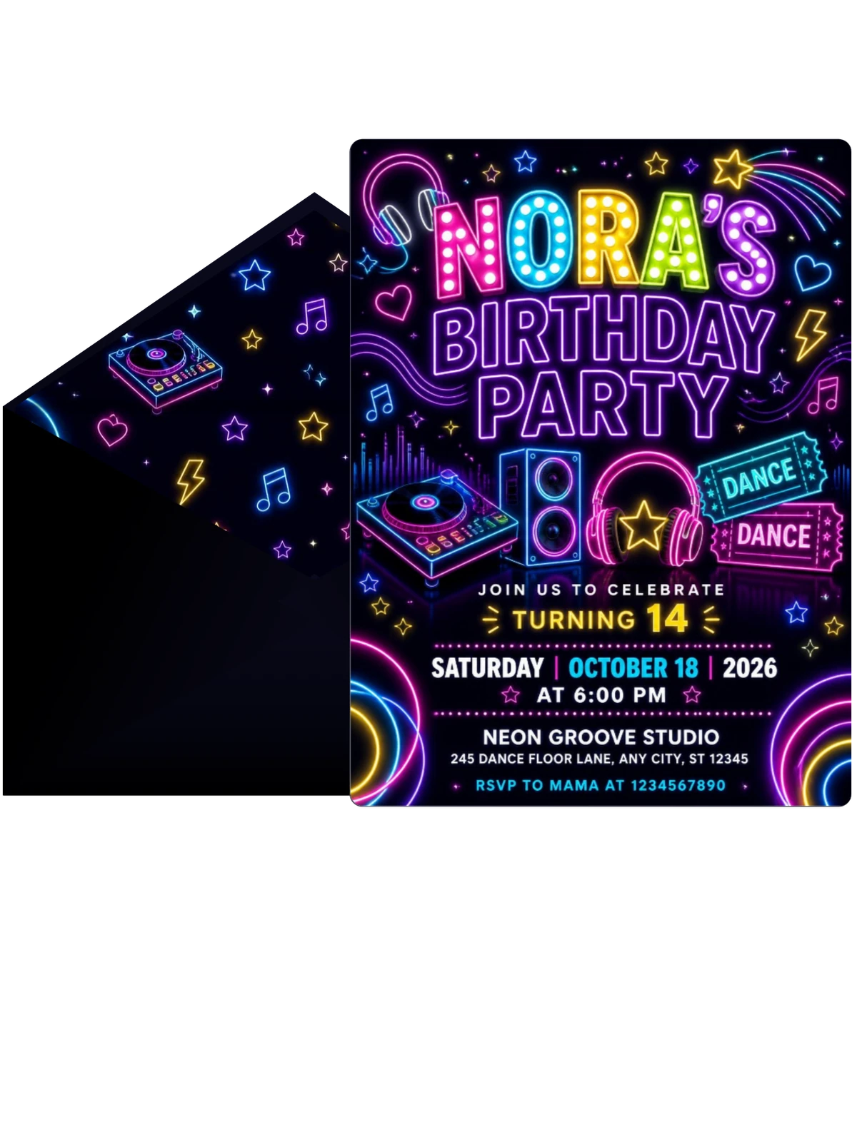 Neon Dance Party 14th Birthday Invitation