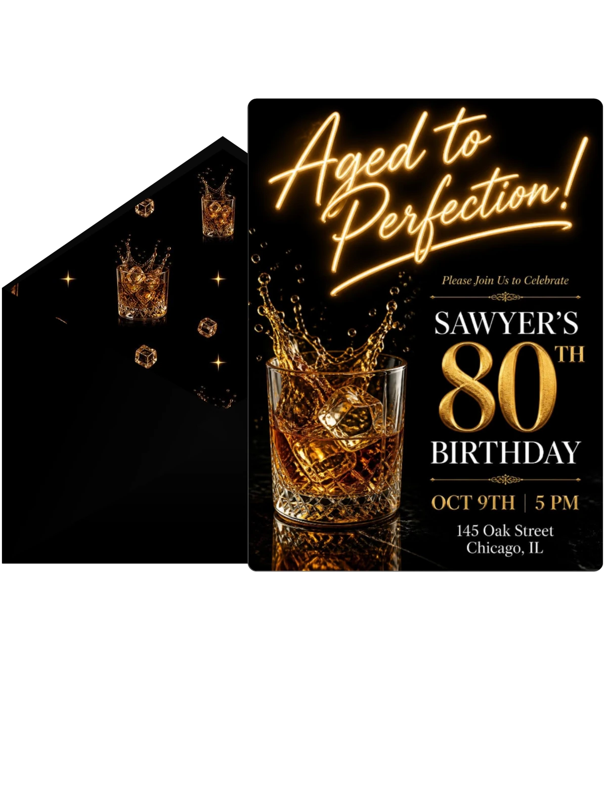 Whiskey Glass 80th Birthday Invitation