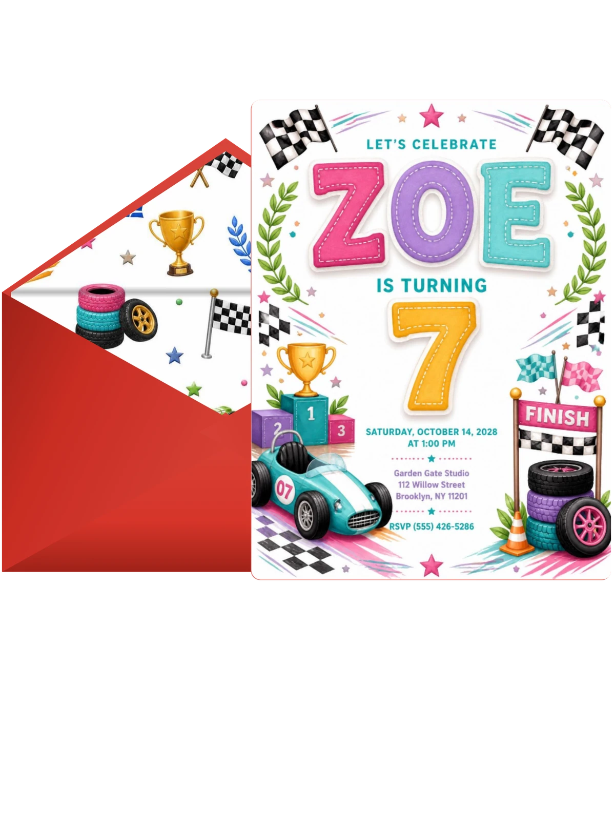Stitched Race Car 7th Birthday Invitation