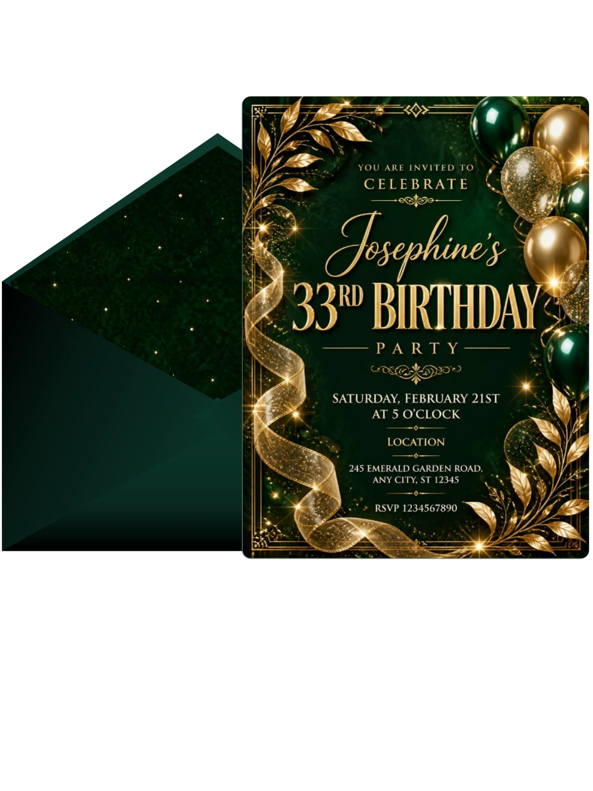 Emerald and Champagne 33rd Birthday Invitation