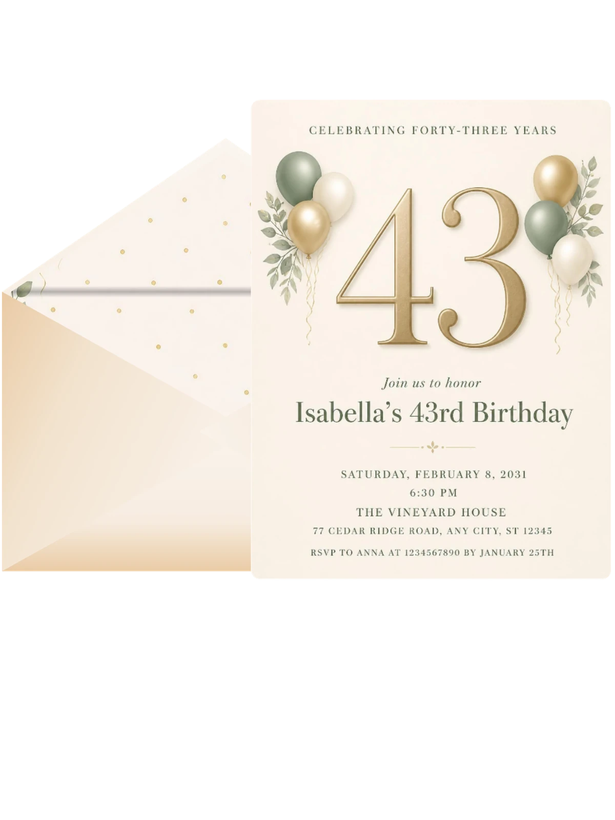 Sage and Ivory 43rd Birthday Invitation