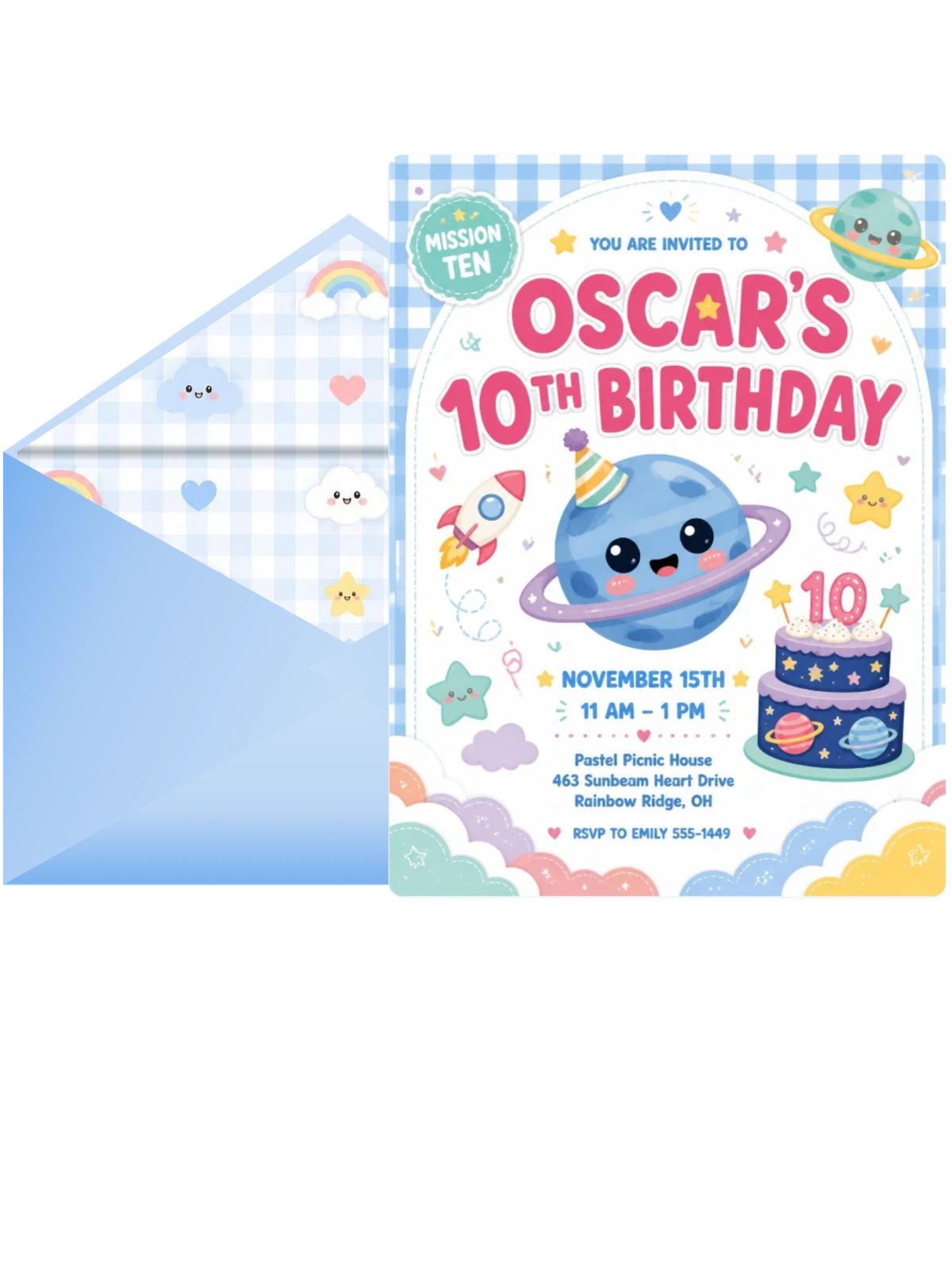 Rocket Ship Kawaii 10th Birthday Invitation