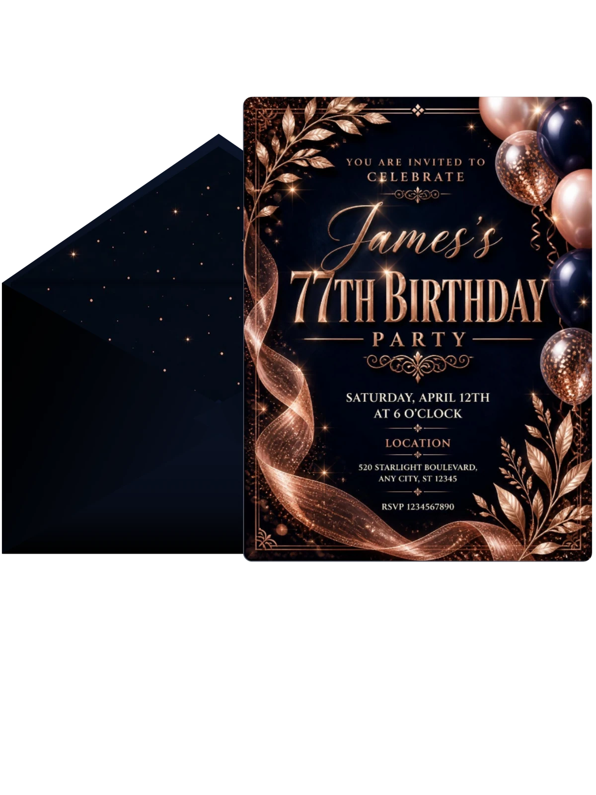 Navy and Rose Gold 77th Birthday Invitation