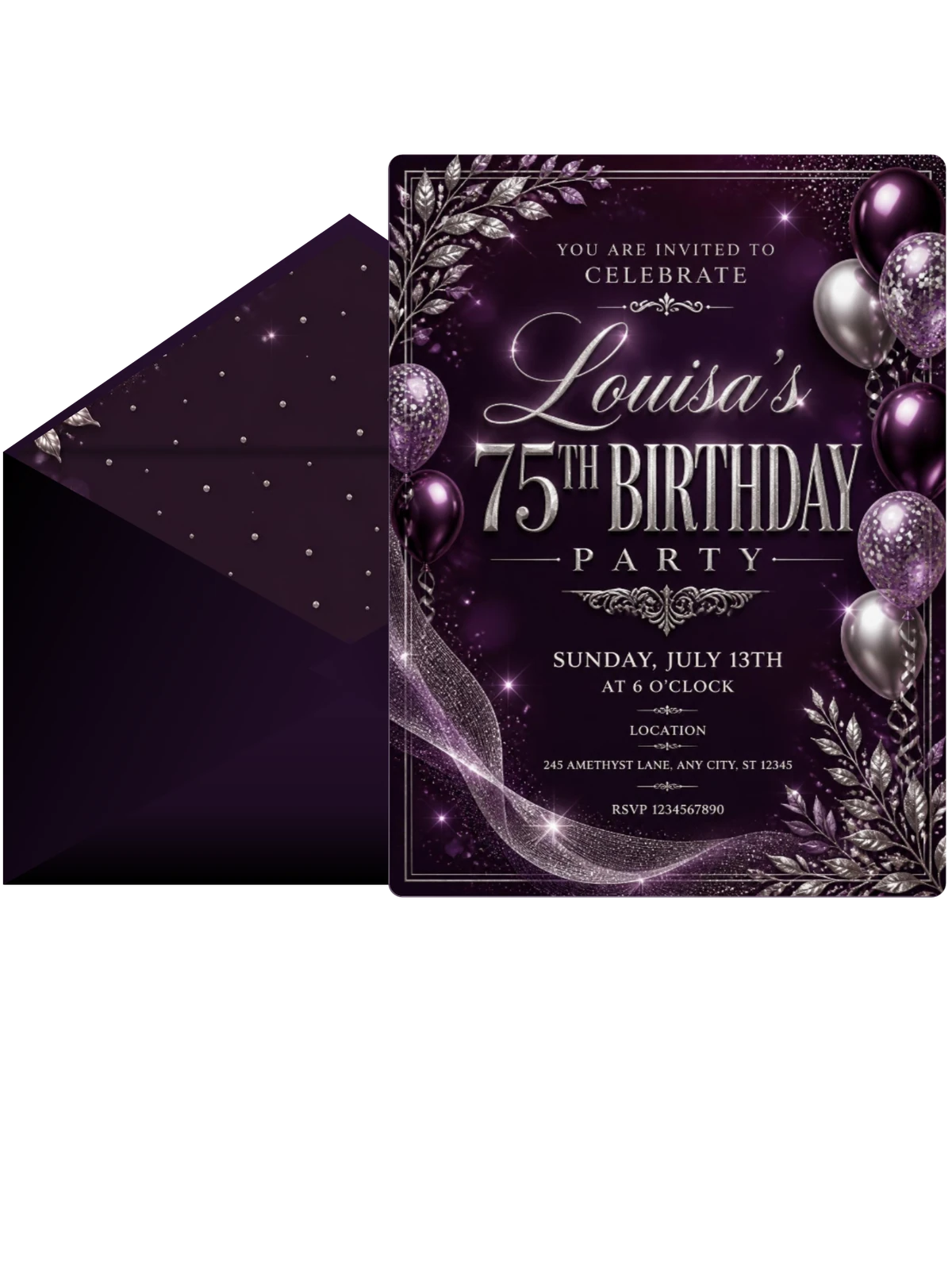 Plum and Silver 75th Birthday Invitation