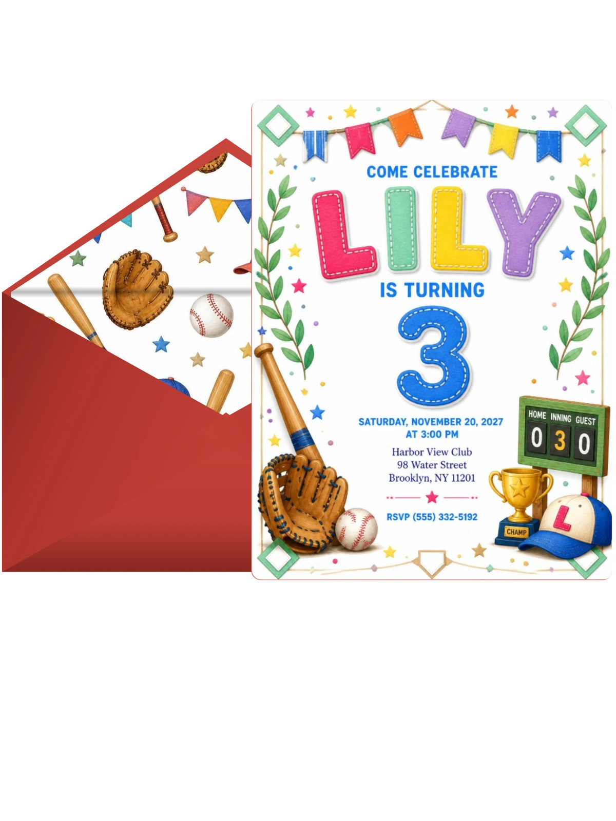 Stitched Baseball 3rd Birthday Invitation