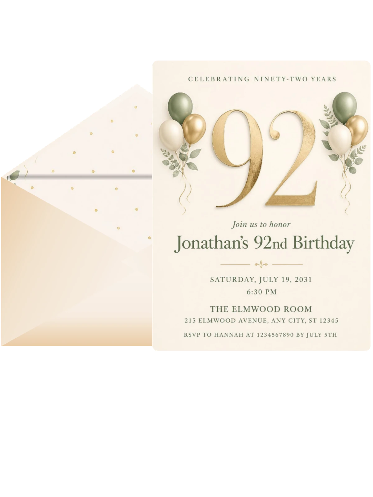 Sage and Ivory 92nd Birthday Invitation