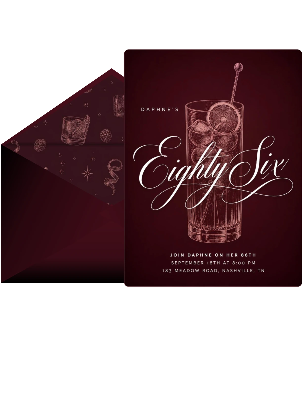 Burgundy Cocktail 86th Birthday Invitation