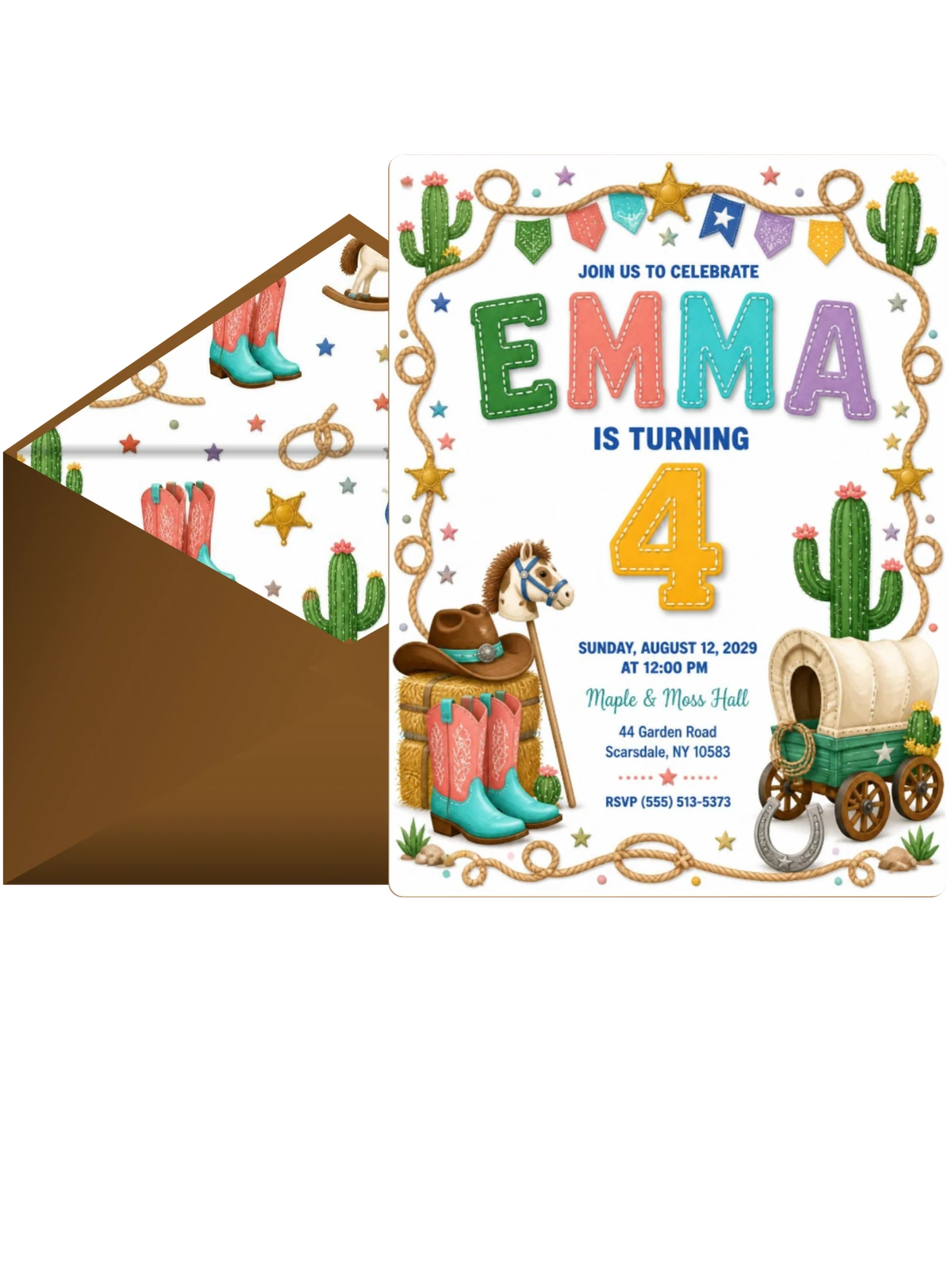 Stitched Cowboy 4th Birthday Invitation