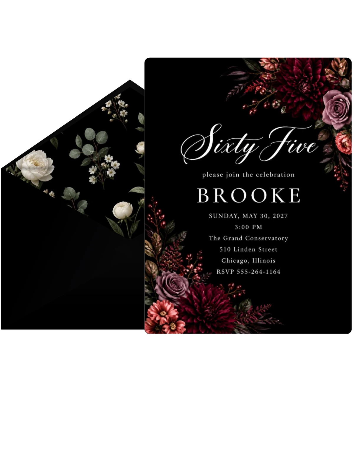 Black Floral 65th Birthday Invitation