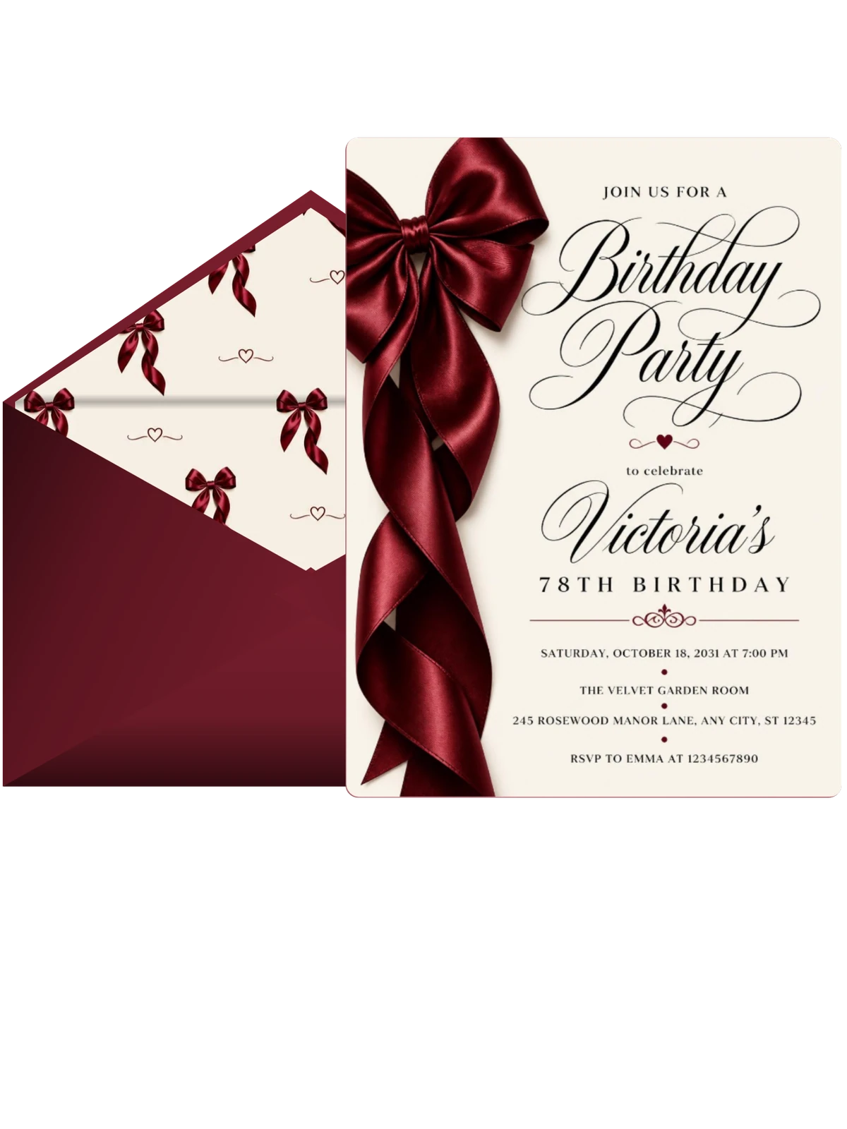 Burgundy Satin Bow 78th Birthday Invitation