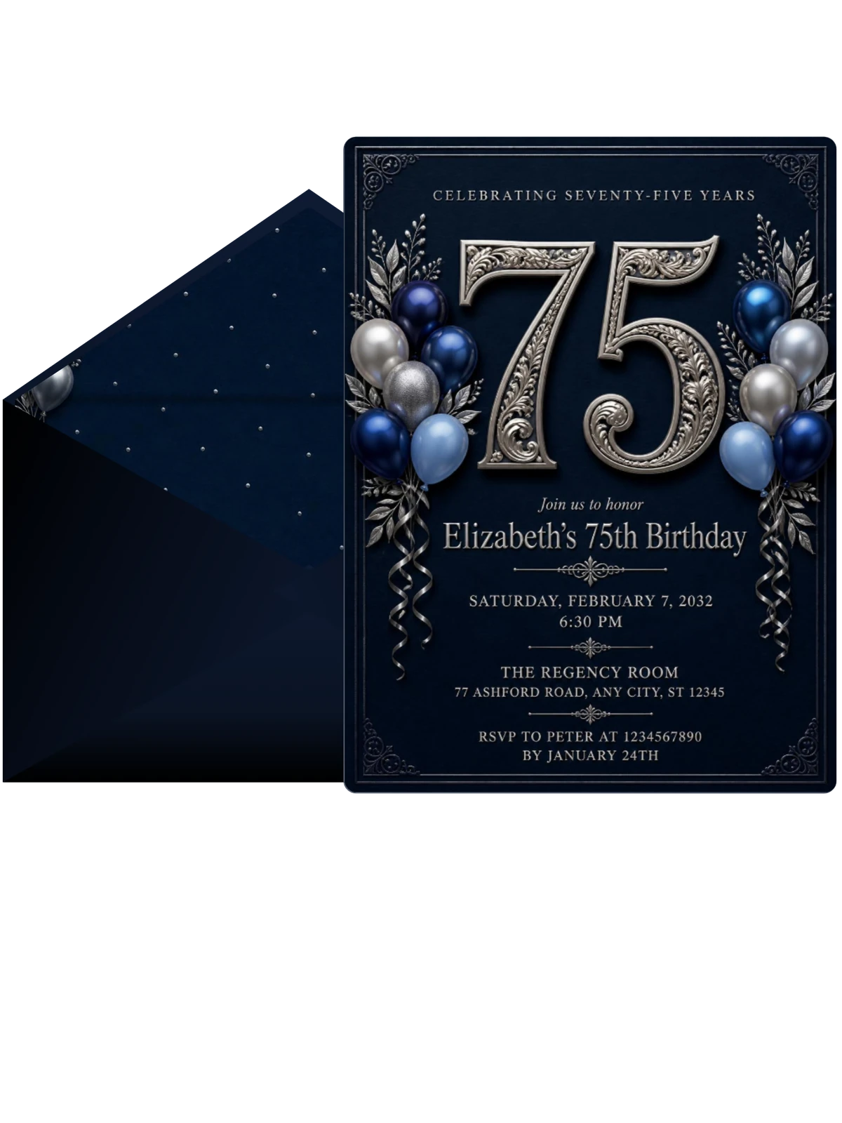 Navy and Silver 75th Birthday Invitation