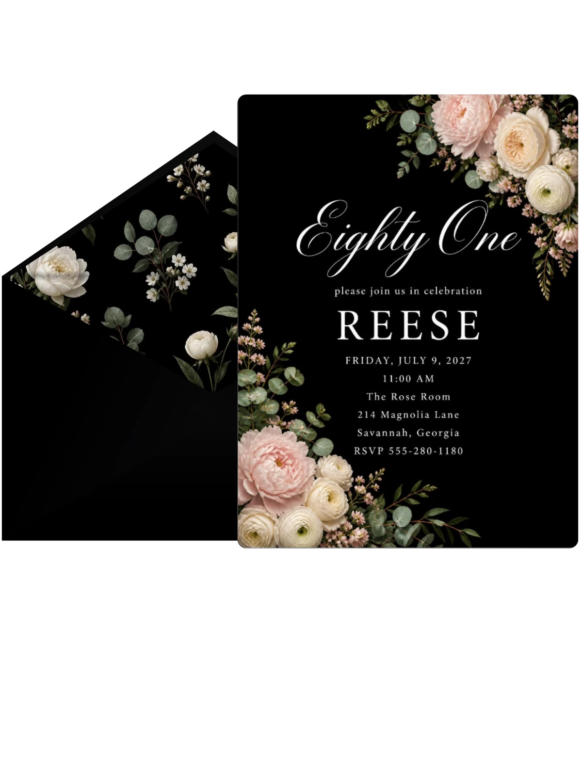 Black Floral 81st Birthday Invitation