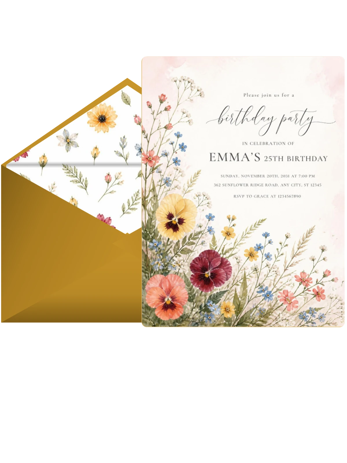 Wildflower Meadow Golden 25th Birthday Invitation