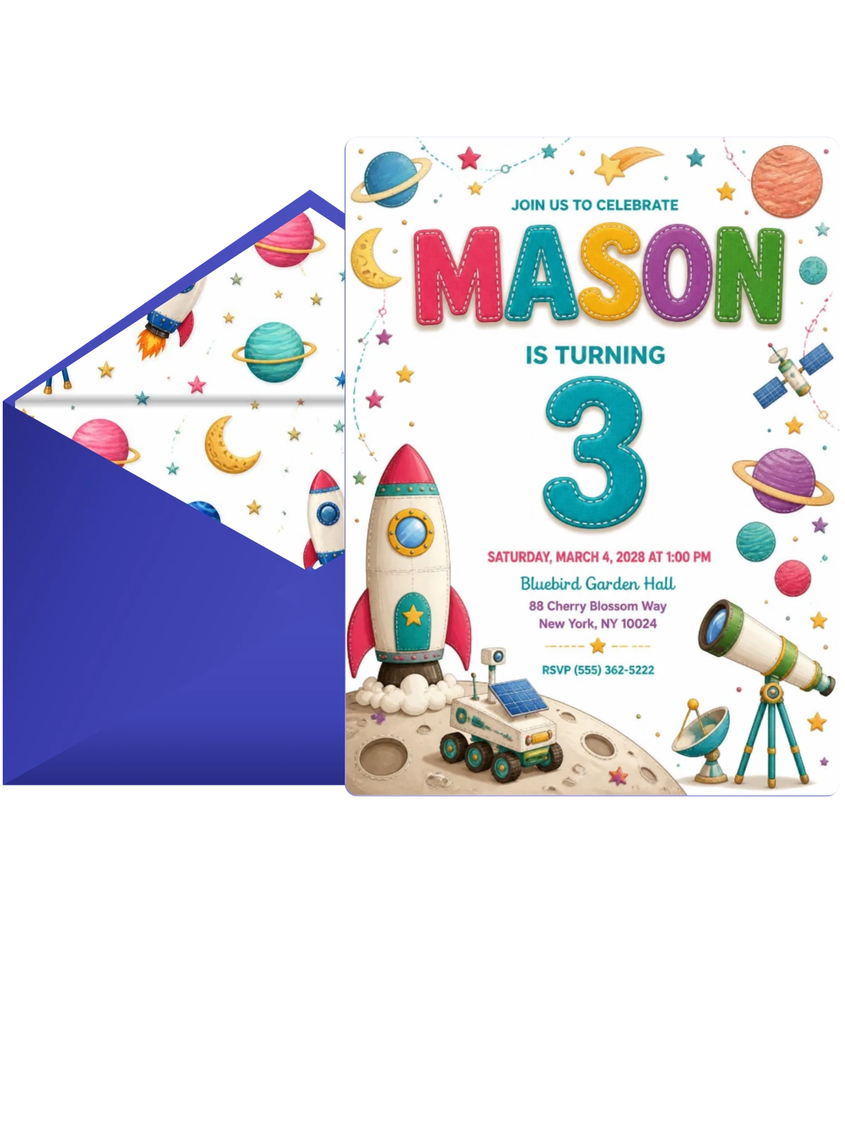 Stitched Space 3rd Birthday Invitation