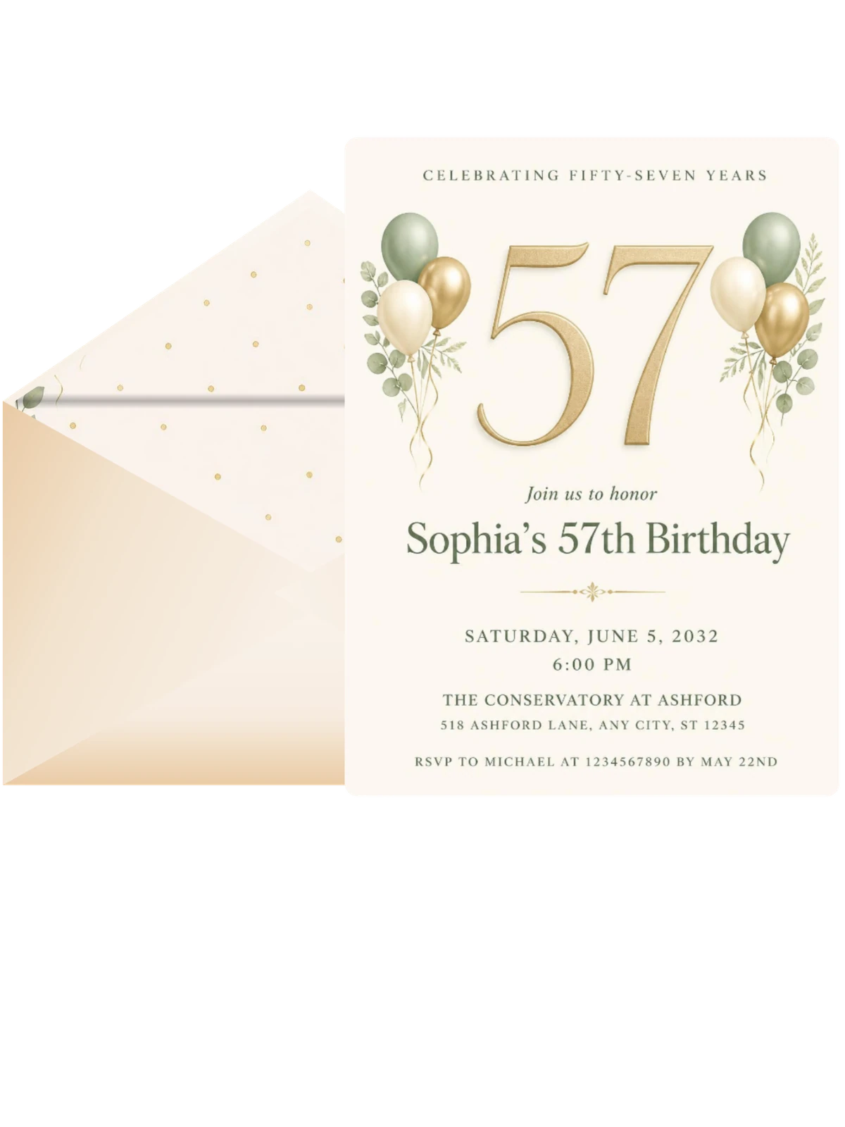 Sage and Ivory 57th Birthday Invitation