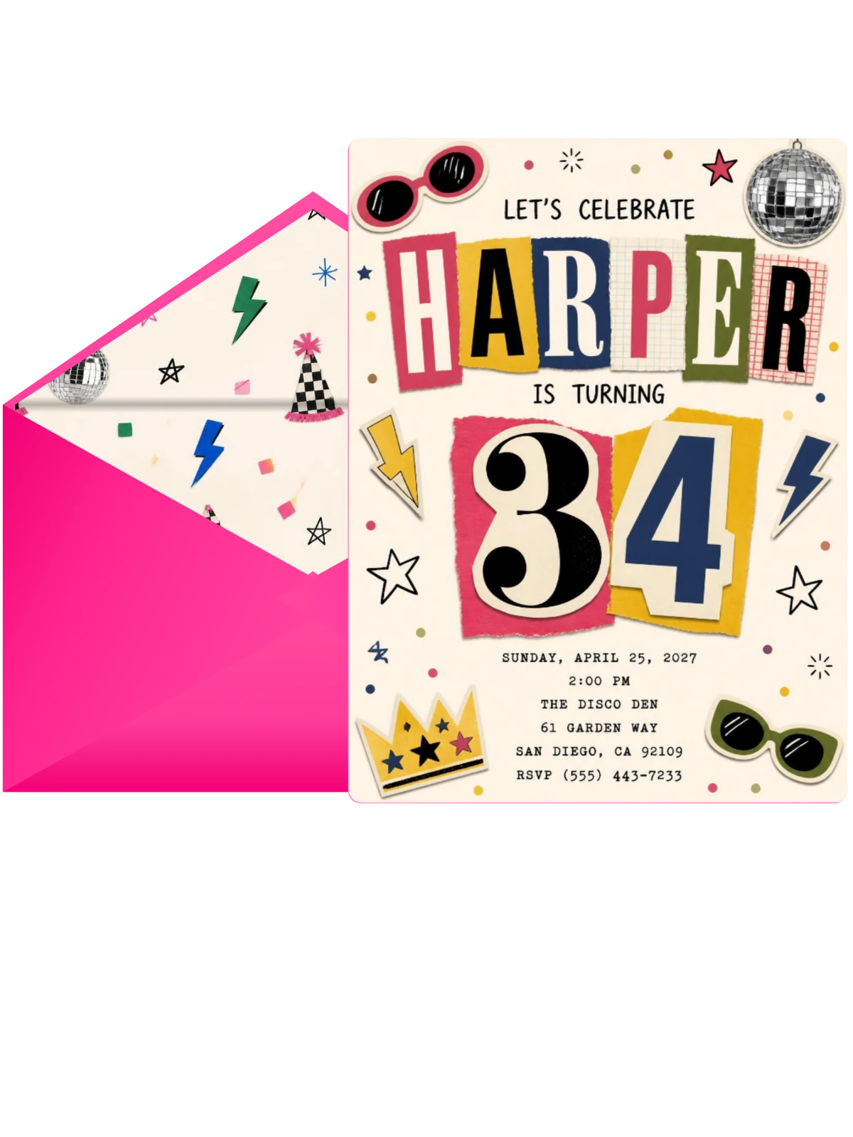 Retro Paper Collage 34th Birthday Invitation