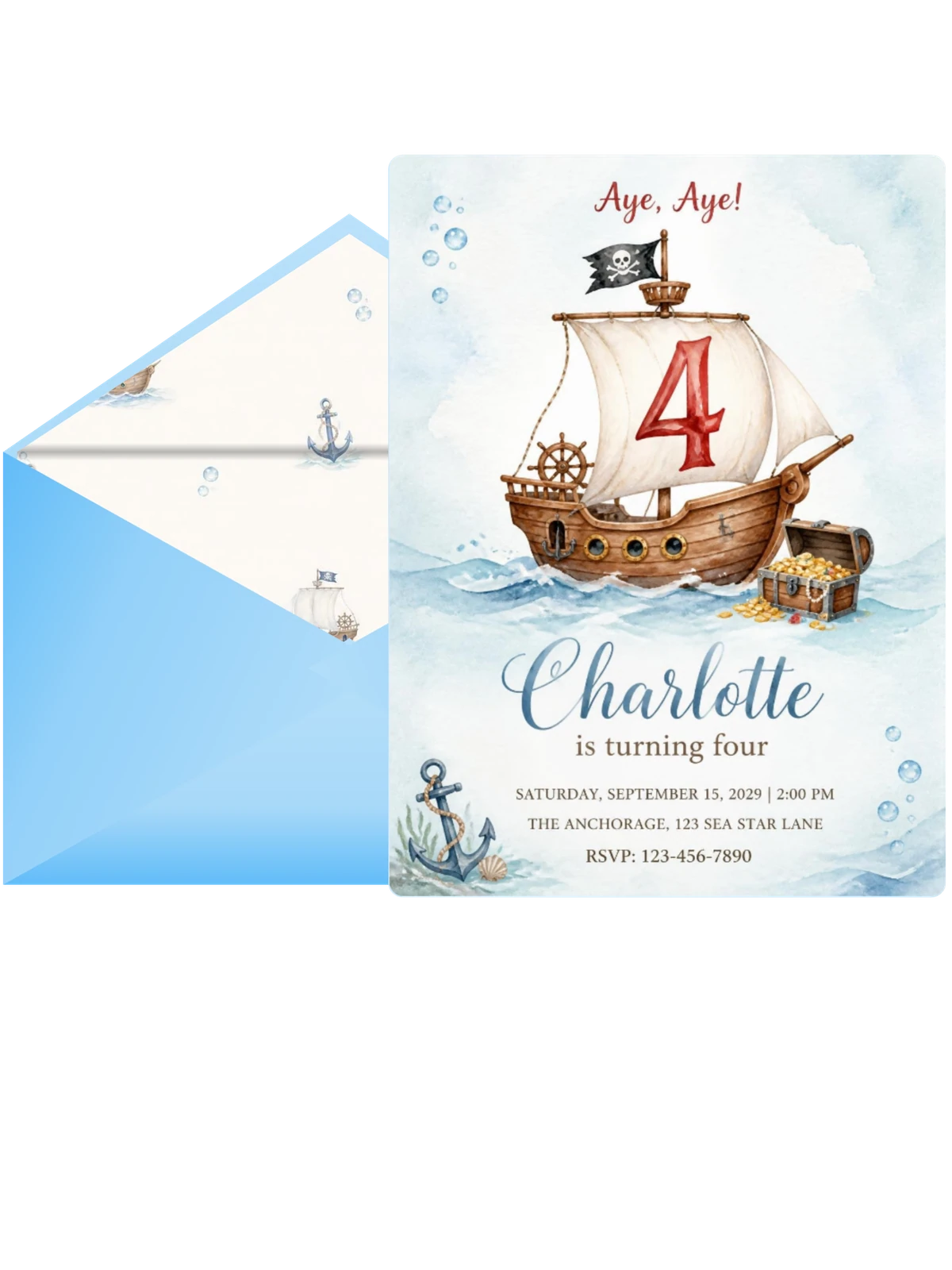 Watercolor Pirate Ship 4th Birthday Invitation