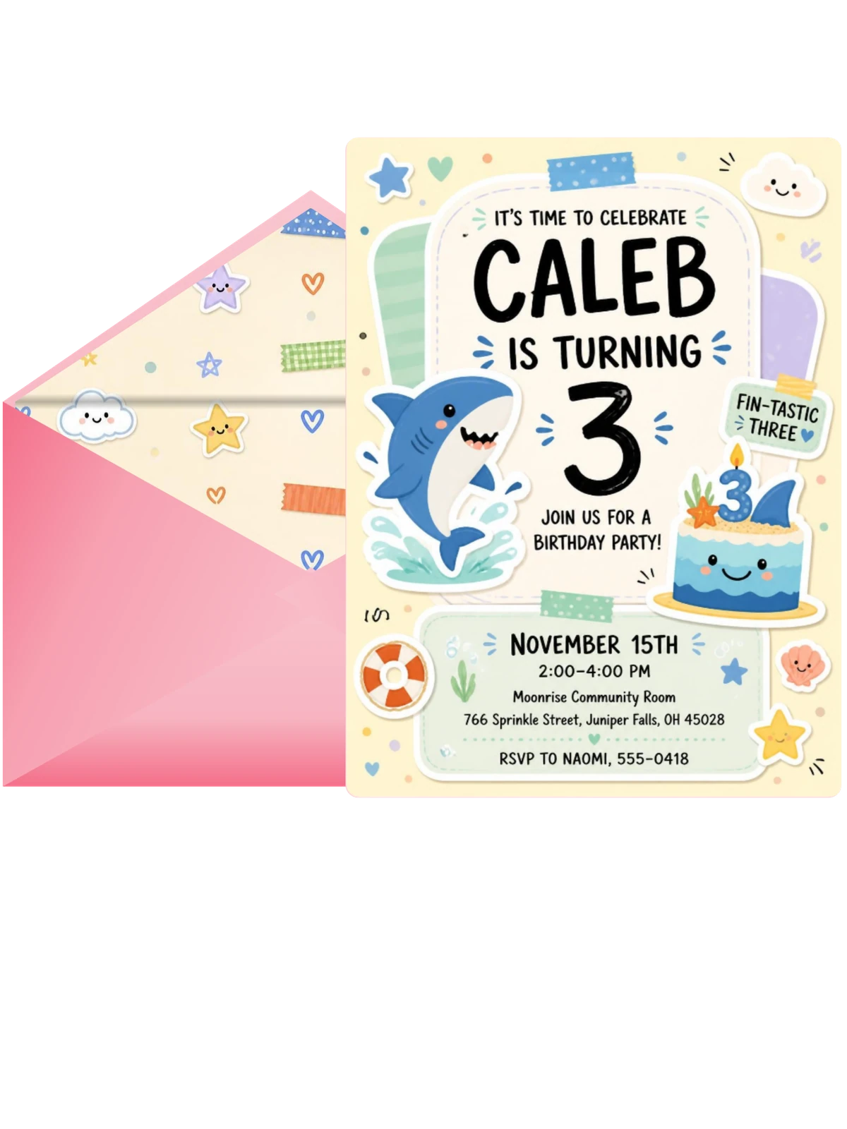 Smiling Shark Pastel 3rd Birthday Invitation