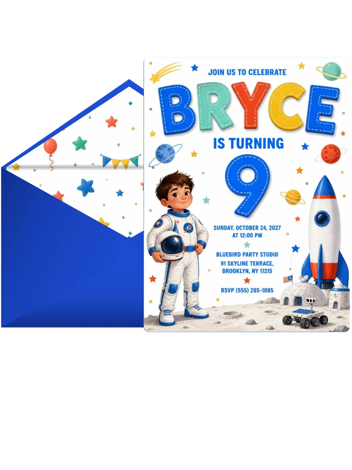 Rocket Ship Stitched 9th Birthday Invitation