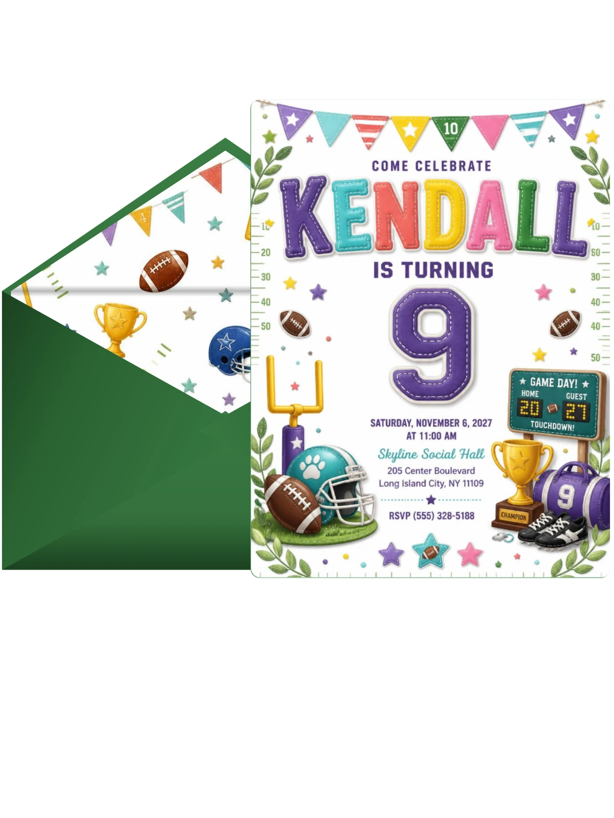 Stitched Football 9th Birthday Invitation
