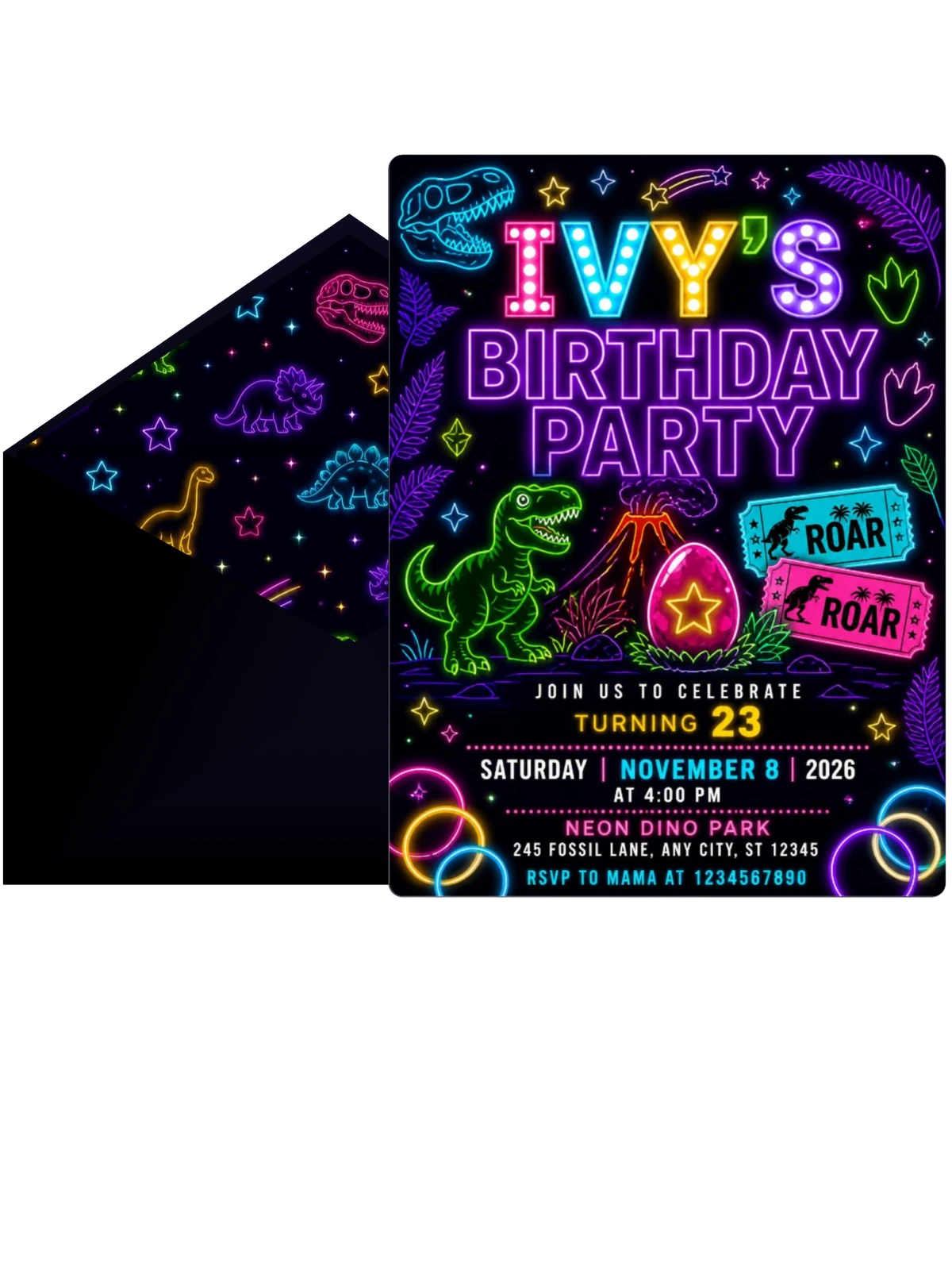 Neon Dinosaur 23rd Birthday Invitation