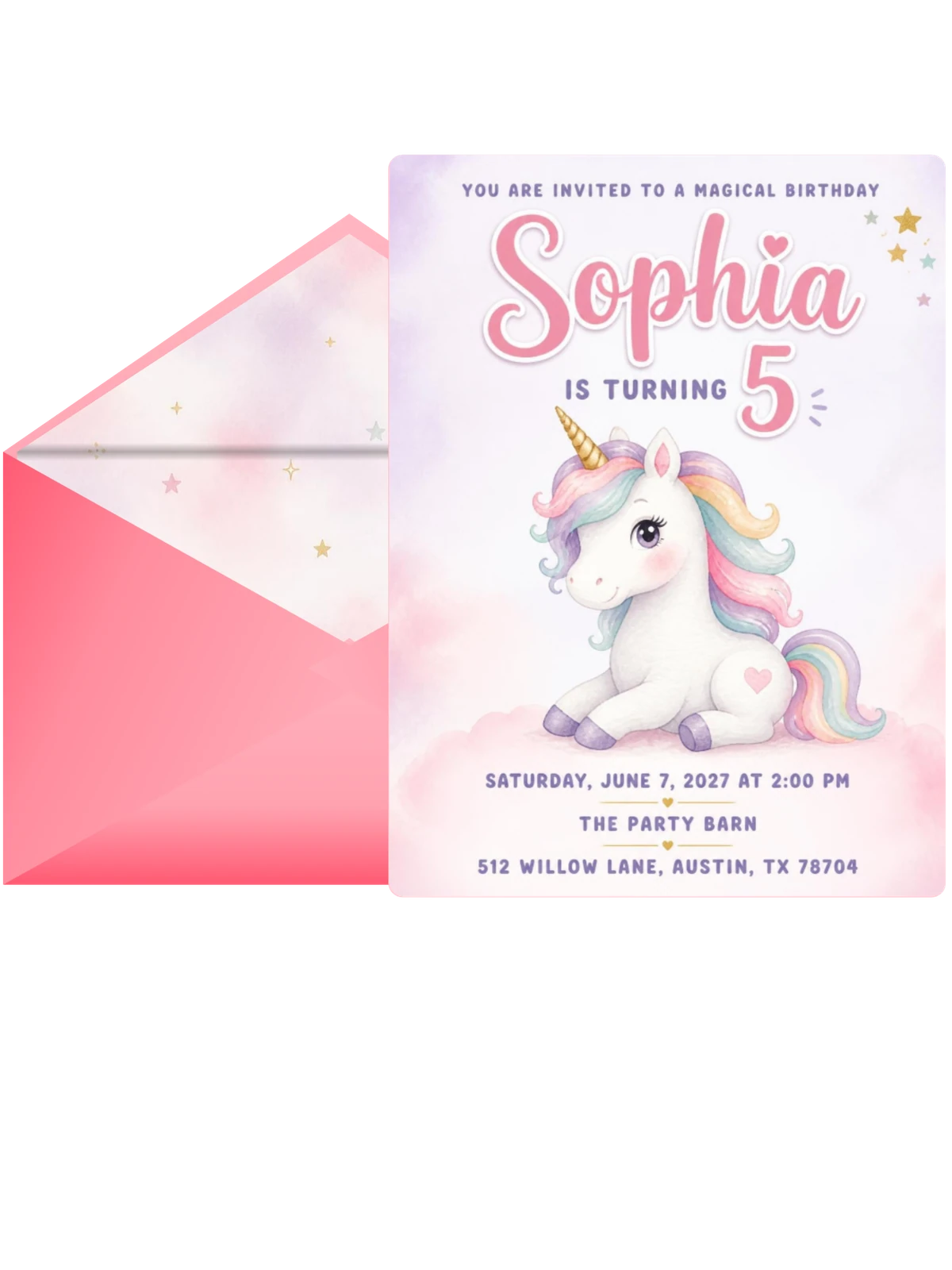 Pastel Watercolor Unicorn 5th Birthday Invitation