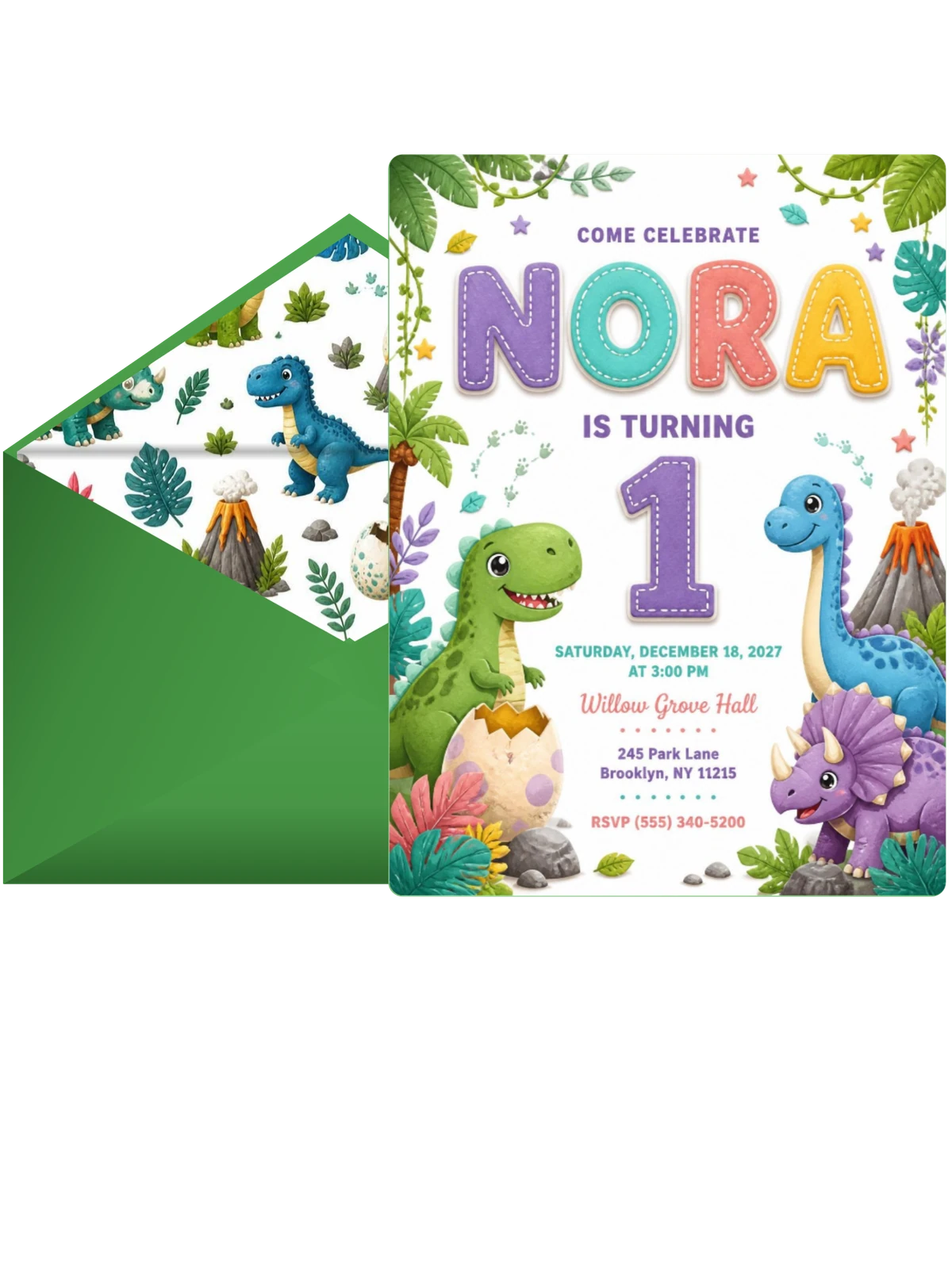 Stitched Dinosaur 1st Birthday Invitation