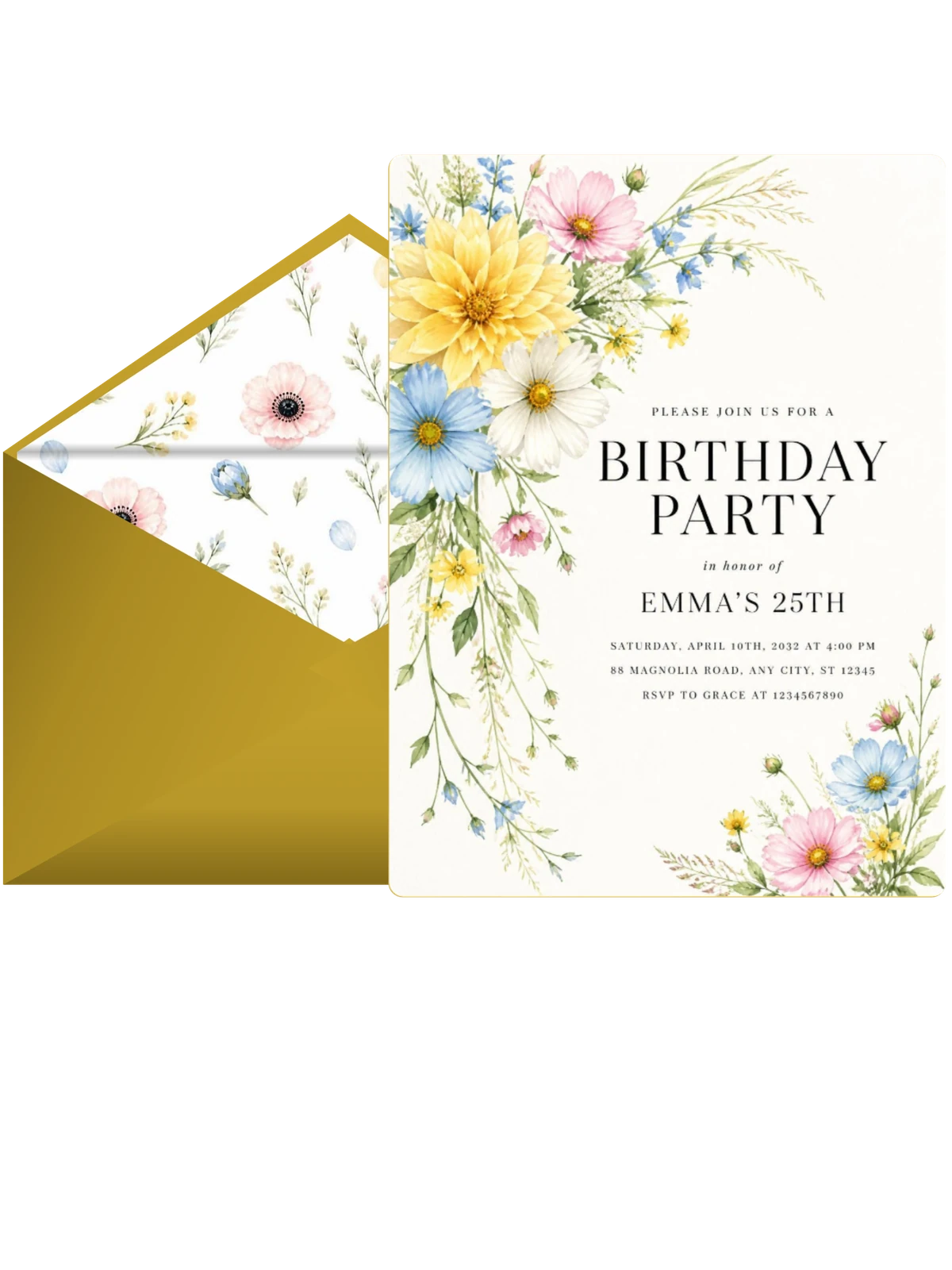 Spring Dahlias Cornflower 25th Birthday Invitation